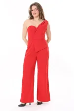 Kadın Büyük Beden Kırmızı Likralı Krep Kumaş Tek Omuz Ve Bel Detaylı Tulum 65N37954