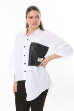 Chemise en similicuir grande taille pour femme, fermeture à boutons-pression, poche et détail sur le devant 65N37698 Chemise en similicuir grande taille pour femme, fermeture à boutons-pression, poche et détail sur le devant 65N37698