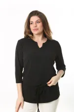 Kadın Büyük Beden Siyah Yakası Taş Detaylı Ön Bağcıklı Tunik 65N37537