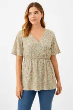 Kadın Büyük Beden Renkli, Çiçek Desenli, Anvelop Yaka, Bel Lastikli, Çiçek Desenli Tunik 65N39177