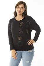 Kadın Büyük Beden Siyah Taş Detaylı Yarasa Kol Bluz 65N36864