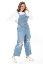 Kadın Büyük Beden Mavi Yırtık Detaylı Kot Salopet 65N38011