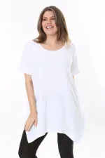 Kadın Büyük Beden Beyaz Bürümcük Kumaş Etek Ucu Kup Detaylı Kısa Kollu Bluz 65N37857
