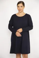 Kadın Büyük Beden Lacivert Bisiklet Yakalı Belden Büzgülü Uzun Kollu Tunik Elbise