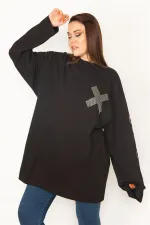 Kadın Siyah Büyük Beden Pamuklu Kumaş Taş Detaylı Tunik 65N35776