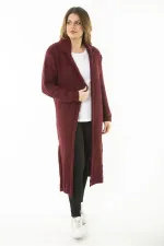 Kadın Büyük Beden Bordo Yırtmaçlı Kalın Triko Uzun Hırka 65N37131