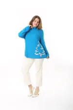 Kadın Büyük Beden Mavi Dik Yakalı Lak Baskılı Tunik 65N37496