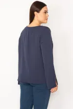 WOMEN'S WHITE COLLAR STRIPED BLOUSE WITH EYELET LACE DETAIL AND SLEEVE SLIT