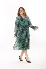 Kadın Büyük Beden Yeşil V Yakalı Etek Ucu Katlı Astarlı Tül Elbise 65N37556