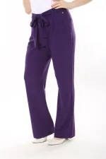 Kadın Büyük Beden Mor Yan Cepli Beli Kuşaklı Likralı Klasik Pantolon 65N37568
