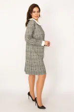 KADIN GRİ BEBE YAKA EKOSE DESENLİ ELBİSE