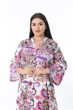 Kadın Büyük Beden Lila Ön Patı Düğmeli Volan Kollu Etek Ucu Katlı Elbise 65N38484