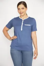 Kadın Mavi Büyük Beden Ön Pat Düğmeli Peto Cepli Kısa Kol Bluz