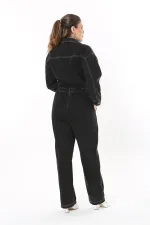 Kadın Büyük Beden Siyah Kontrast Dikişli Metal Düğmeli Kot Tulum 65N37723