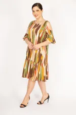 Kadın Fujya Büyük Beden Omuz Dekolteli Dokuma Viskon Kumaş Yan Cepli Elbise