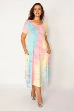 Kadın Saks Batik Desen V Yaka Cepli Elbise 65N33979