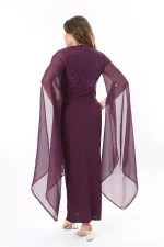 Kadın Büyük Beden Mürdüm Payet Ve Göğüs Büzgü Detaylı Kolları Şifon Elbise 65N37963