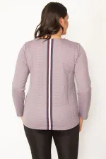 KADIN LACİVERT V YAKALI ARKA ŞERİT DETAYLI KENDİNDEN DESENLİ TUNİK