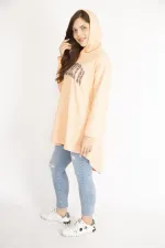 Kadın Somon Büyük Beden Payet Detaylı Kapşonlu Arkası Uzun Sweatshirt