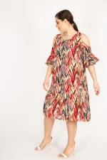 Kadın Fujya Büyük Beden Omuz Dekolteli Dokuma Viskon Kumaş Yan Cepli Elbise