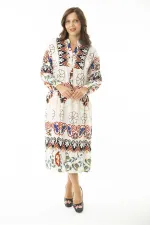 Kadın Büyük Beden Saks Dokuma Viskon Kumaş Ön Yarım Düğmeli Uzun Kollu Elbise 65N36886