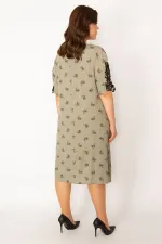Kadın Haki Dokuma Viskon Kumaşv Yaka Dantel Detaylı Elbise 65N33533