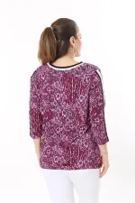 Kadın Büyük Beden Mürdüm Yaka Ve Kolları Sim Şerit Detaylı Uzun Kollu Bluz 65N37709