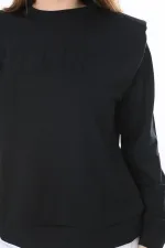 Women's Plus Size Black Shoulder Detailed Front Printed Sweatshirt 65N38050