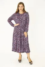 Kadın Büyük Beden Lila Öpücük Yaka Katlı Uzun Kollu Elbise 65N36913