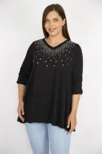 Kadın Siyah Büyük Beden Taş İşli V Yaka Kolu Lastik Büzgülü Bluz
