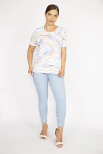 Kadın Renkli Büyük Beden Pamuklu Kumaş Bisiklet Yakalı Kısa Kollu Bluz