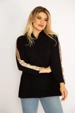 Women's Black Sleeves Gold Stripe Detailed Hooded Kangaroo Pocket Sweatshirt 65N34671