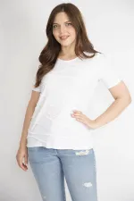 Kadın Beyaz Büyük Beden Pamuklu Kumaş Bisiklet Yakalı Kısa Kollu Bluz
