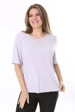 Kadın Büyük Beden Lila Yaka Detaylı Kısa Kollu Bluz 65N37852