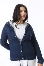 Women's Plus Size Navy Blue Snap Button Hooded Denim Coat 65N38380