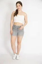 Kadın Gri Büyük Beden Duble Paça Likralı Kot Şort