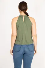 Kadın Haki Büyük Beden Halter Yaka Bluz