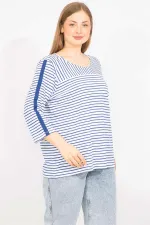 Kadın Saks Büyük Beden Pamuklu Kumaş Çizgi Kombinli Bluz 65N35572