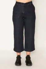 KADIN LACİVERT KLASİK KESİM YAN CEPLİ GENEİŞ PAÇALI BİLEK BOY KOT PANTOLON