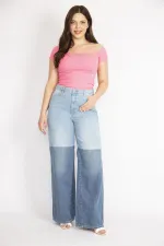 Kadın Mavi Büyük Beden Renk Detaylı Geniş Paça Kot Pantolon