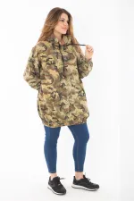 Women's Plus Size Khaki Casual Cut Camouflage Patterned Hooded Kangaroo Pocket Long Sweatshirt 65N37298