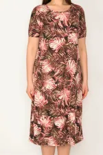 KADIN RENKLİ ÇİÇEK DESENLİ KISA KOL VİSKON ELBİSE