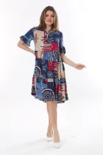 Kadın Büyük Beden Mavi Dokuma Viskon Kumaş Kısa Kollu Katlı Elbise 65N37762