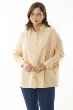 Kadın Büyük Beden Bej Ön Düğmeli Uzun Kollu Gömlek 65N37041