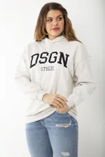 Kadın Büyük Beden Gri İçi Şardonlu Nakış Ve Kapşon Detaylı Sweatshirt 65N37208