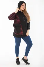 Kadın Büyük Beden Siyah Ekose Garnili Kapşonlu Sweatshirt 65N37289