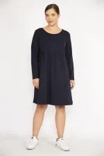 Kadın Büyük Beden Lacivert Bisiklet Yakalı Belden Büzgülü Uzun Kollu Tunik Elbise