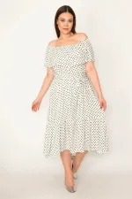 KADIN KEMİK PUAN DESEN YAKASI LASTİK VE VOLAN DETAYLI ETEĞİ KATLI DOKUMA VİSKON KUMAŞ ELBİSE