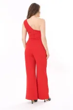 Kadın Büyük Beden Kırmızı Likralı Krep Kumaş Tek Omuz Ve Bel Detaylı Tulum 65N37954