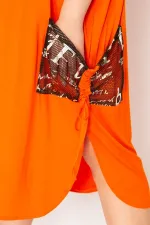 Kadın Kırmızı Cep Ve Kolu File Detaylı Taş Baskılı Viskon Elbise 65N33166